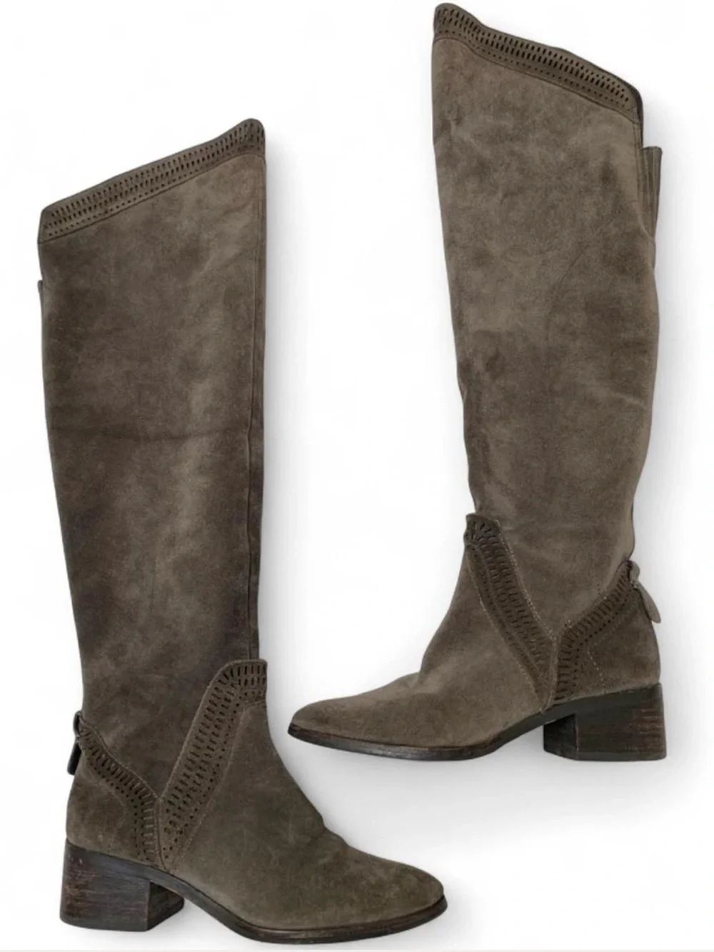 Vince Camuto Knee-High Grey Suede Boots - Laser Cut Accents Size 7